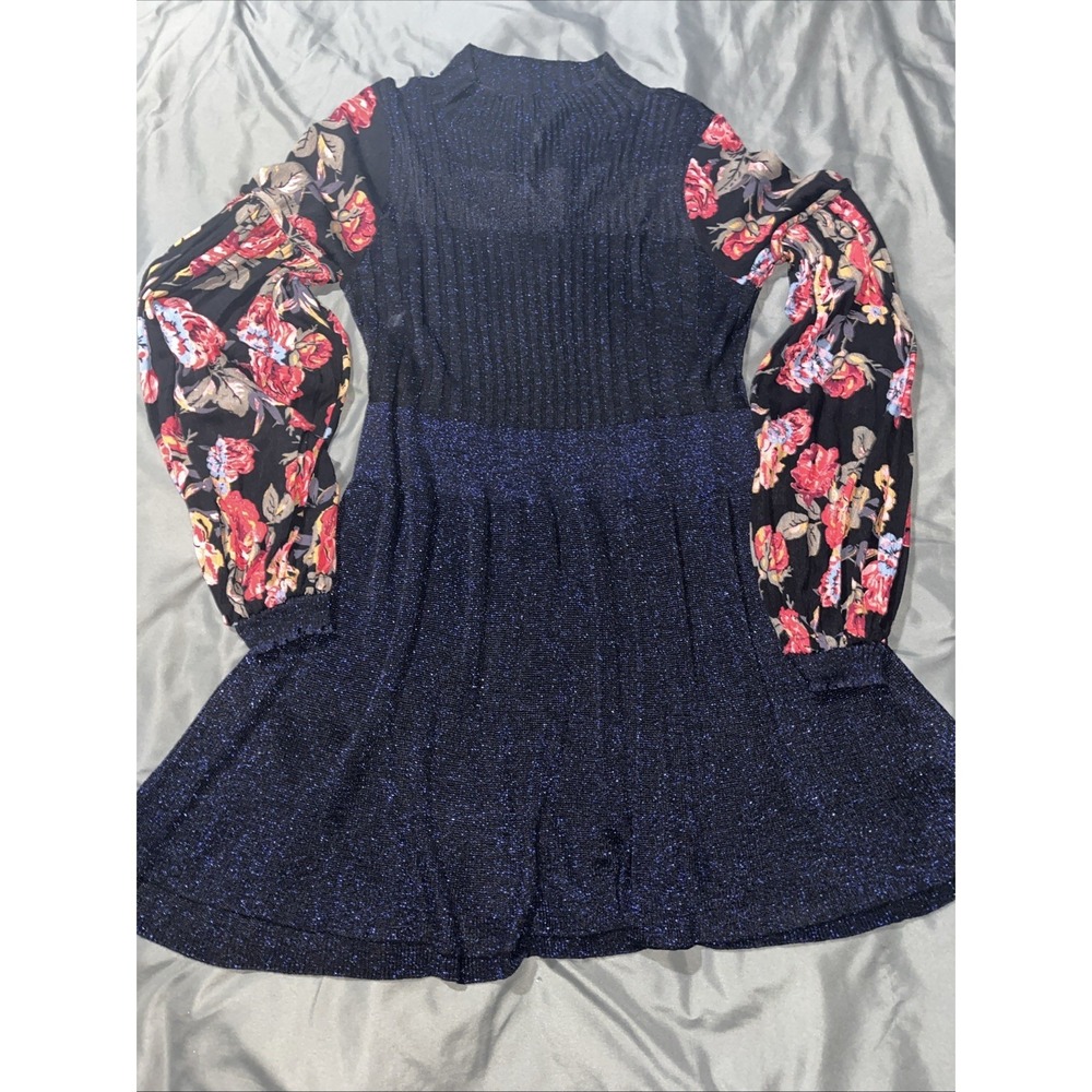 FREE PEOPLE Bohemian Dress Blue Shimmer Floral Sleeves Fit Flare Dress Medium